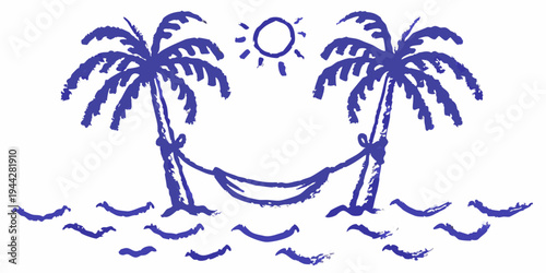 A simple blue sketch depicts palm trees a hammock sun and waves