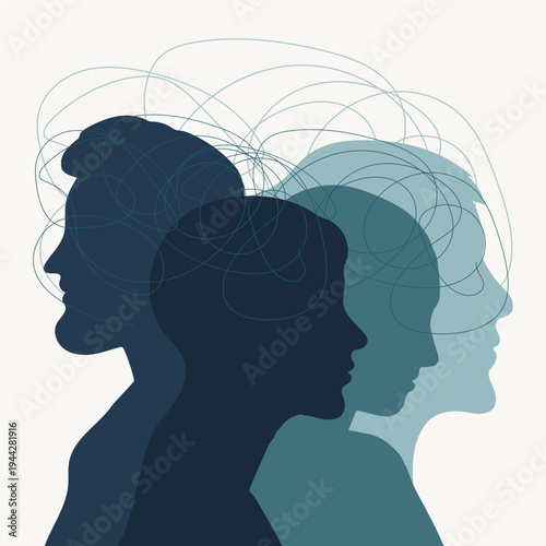 Human head silhouettes with tangled thoughts, anxiety and overthinking concept, mental health illustration