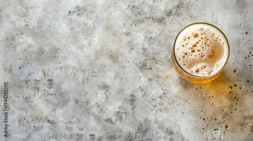 Top view of beer glass with foam on gray concrete texture background with copy space