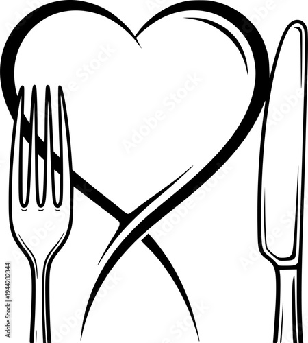 heart connecting to a fork and knife symbolizing a love for culinary experiences