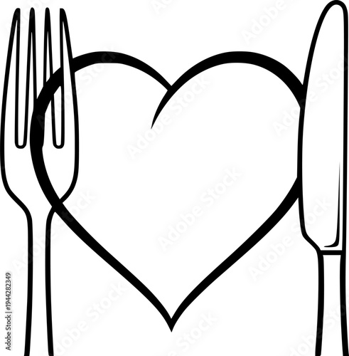 heart connecting to a fork and knife symbolizing a love for culinary experiences