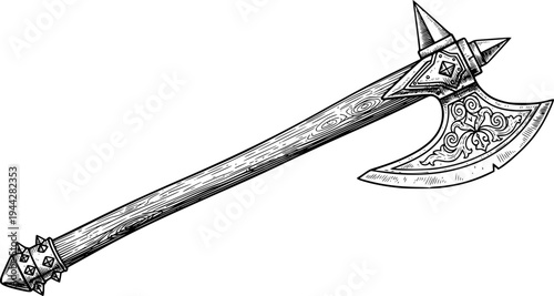 Vintage style drawing of a longhandled medieval battleaxe featuring sharp metal blade and decorative spiked pommel