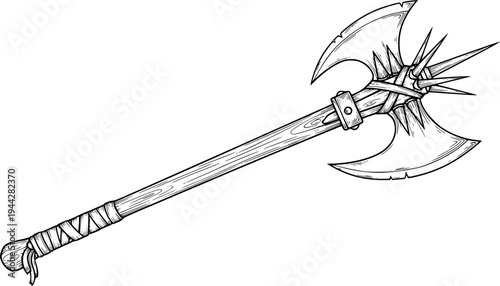 Vintage style drawing of a longhandled medieval battleaxe featuring sharp metal blade and decorative spiked pommel