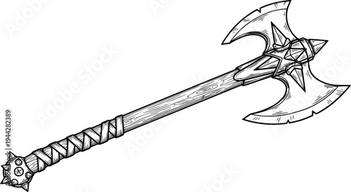 Vintage style drawing of a longhandled medieval battleaxe featuring sharp metal blade and decorative spiked pommel
