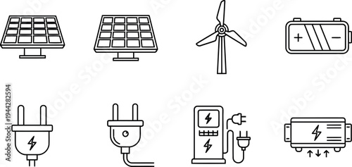 Outline icons for renewable energy, line art set showing solar panels, wind turbine, battery, plugs, charging station, solar panel, power plug, eco friendly