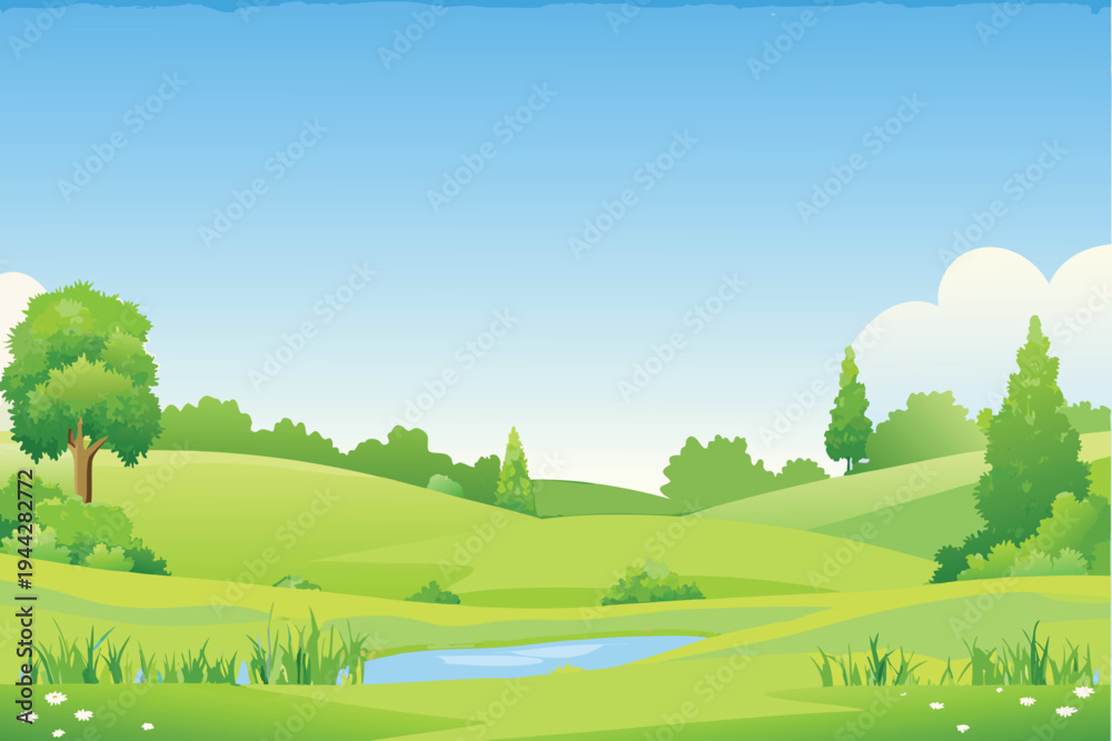 Obraz premium Green Rolling Hills Landscape with Pond and Trees Bright Blue Sky Illustration