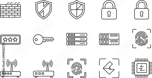 Outline icons for cybersecurity and data protection, line art set with firewall, shield, lock, key, fingerprint, router, cpu, white background
