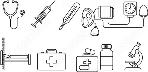 Healthcare icons set: stethoscope, syringe, thermometer, blood pressure monitor, bed, microscope, line art, white background, first aid