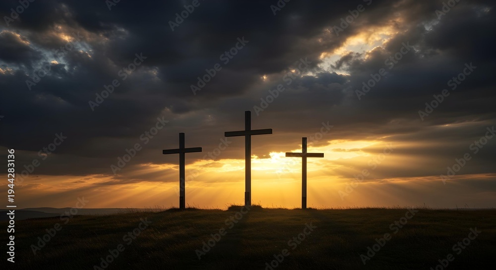 Obraz premium Wooden Crosses on Calvary Hilltop at Sunset with Dramatic Storm Clouds