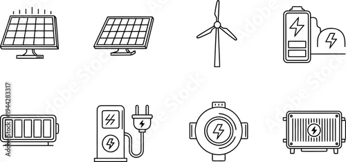 Renewable energy icons: solar panel, wind turbine, battery, ev charger, power box - line art, ev charger, white background, clean energy