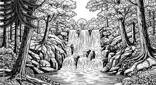 Detailed engraving of a lush forest waterfall with surrounding rocks and trees. Vector hand drawn illustration
