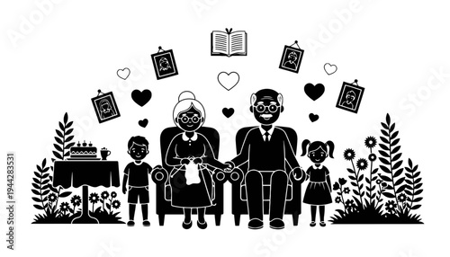 Family silhouette illustration with hearts and flowers in a garden