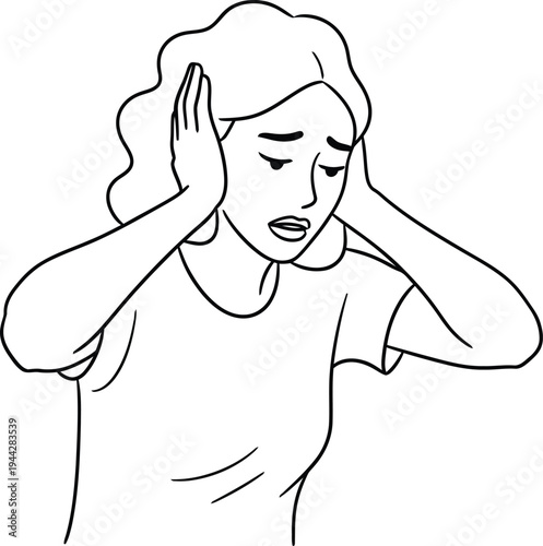 Woman Suffering Severe Headache, Hands Pressed to Temples, Vector Illustration