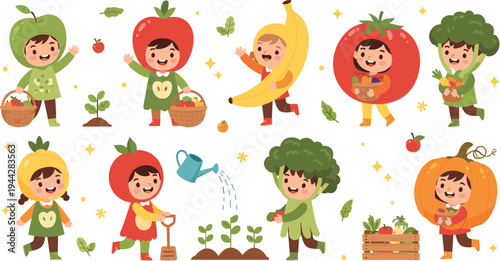 Cute kids in fruit and vegetable costumes gardening vector set with apple, banana, tomato, broccoli and pumpkin characters