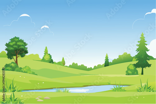 Lush green rolling hills with a serene pond under a clear blue sky with fluffy clouds cartoon style