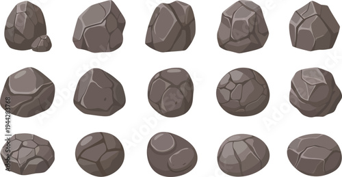 Assorted Rocks and Stones in Various Shapes and Sizes, Arranged in a Grid Pattern