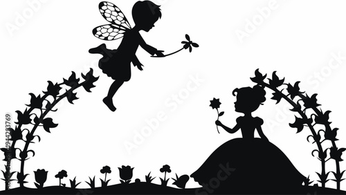 A whimsical fairy and princess silhouette illustration with flowers and plants