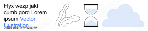 Time management, digital storage, natural growth, ephemeral concept, data safety, modern simplicity. A leaf, hourglass and cloud in a clean layout. Time management and digital storage concept
