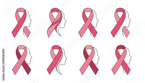 A pink ribbon icon set for breast cancer awareness campaign