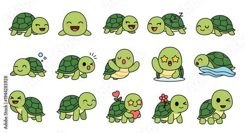 Cute cartoon turtle illustrations with various emotions and actions, perfect for playful designs