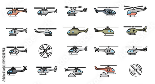Comprehensive collection of pixel art style helicopter vector icons, presenting various aviation machines for transport, rescue, and flight services, ideal for web and app design