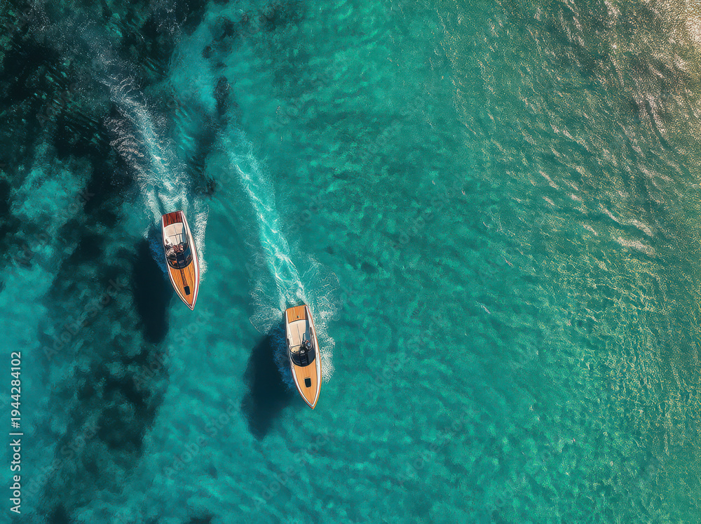 Fototapeta premium Twin speedboats cutting through crystal blue sea from above