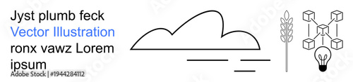 Technology, sustainability, connectivity, agriculture, innovation, blockchain. Minimalistic icons of a cloud, wheat element and blockchain cube network with light bulb. Technology and sustainability