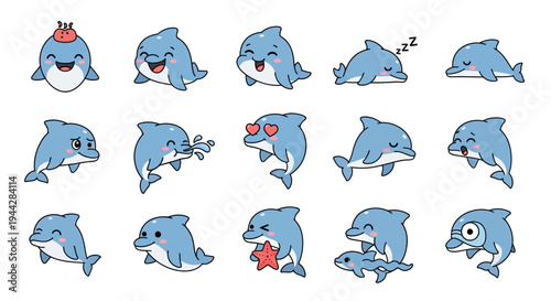 Cute Dolphin Character Collection with Various Emotions and Actions