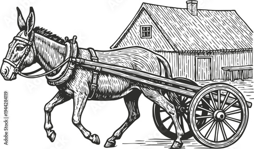 Vintage donkey pulling a wooden cart near a rustic countryside house, hand drawn black and white illustration