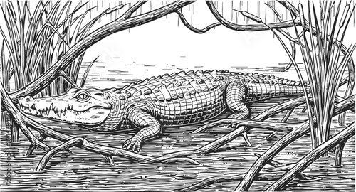 alligator resting in swamp reeds and water, detailed hand drawn illustration of reptile in natural habitat