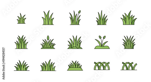 Diverse collection of vector illustrations featuring vibrant green grass clumps, ideal for natural landscape designs, garden elements, and fresh nature-themed graphic projects, enhancing digital art