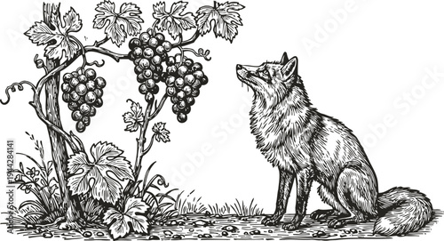 Fox sitting near grapevine with bunches of grapes, detailed vintage botanical engraving