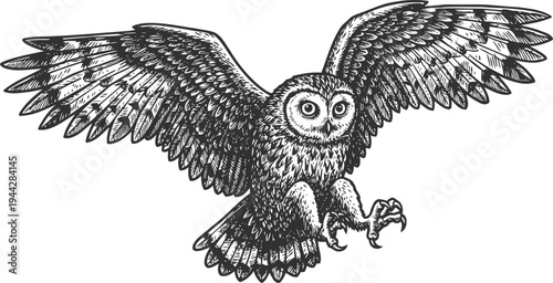 Black and white detailed illustration of an owl in flight with wide wings and sharp talons