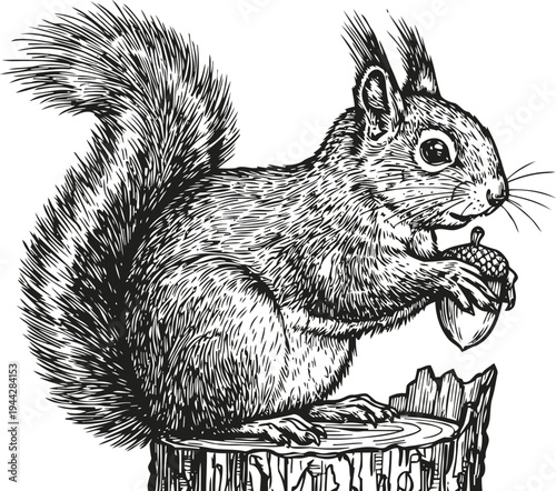 Detailed black and white illustration of a squirrel holding an acorn sitting on a tree stump