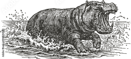 Roaring hippopotamus splashing water while running in river, detailed hand drawn animal illustration