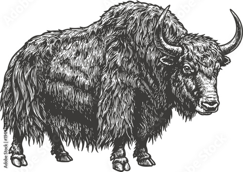 Detailed bison illustration in vintage strong wild animal with shaggy fur and curved horns