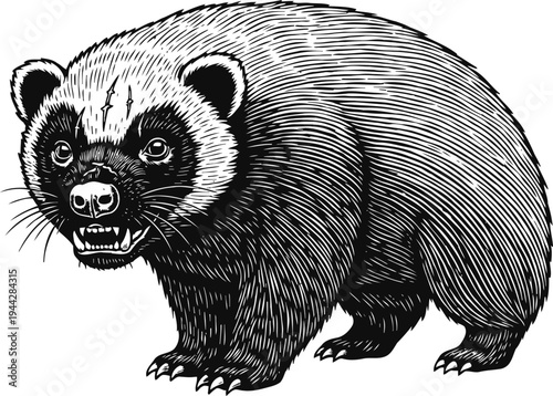 Aggressive wolverine standing with sharp claws and snarling face detailed black and white engraving