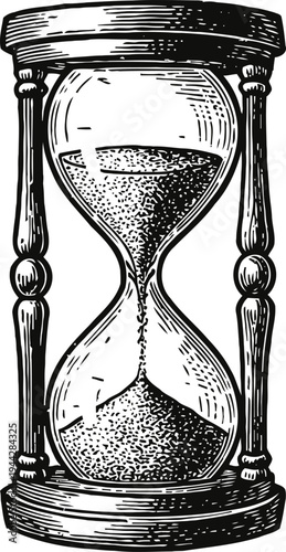 Vintage hourglass with flowing sand in wooden frame classic time measuring device, countdown symbol