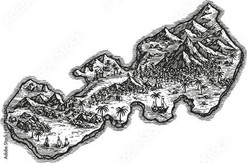 Vintage pirate treasure map with mountains, ships, palm trees, and island landmarks