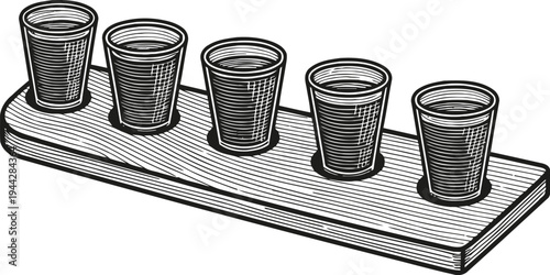 Five shot glasses arranged on a rustic wooden tray, vintage illustration in black and white