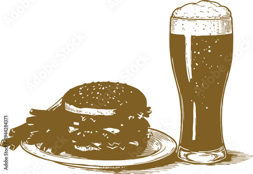 Classic cheeseburger with crispy fries served on plate alongside a tall glass of frothy beer