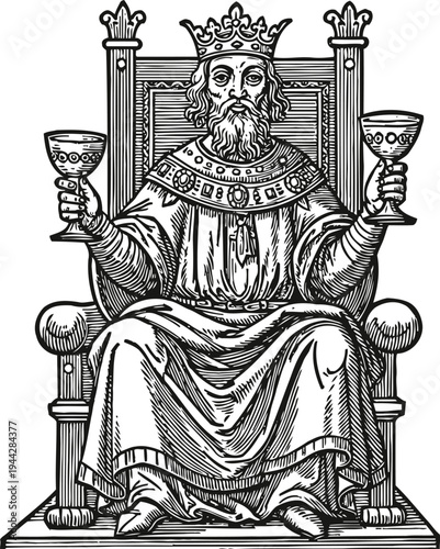Medieval king seated on throne holding two goblets wearing crown and royal robes