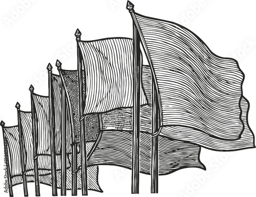set of waving flags on poles in vintage hand drawn collection of empty fluttering pennants and banners illustration