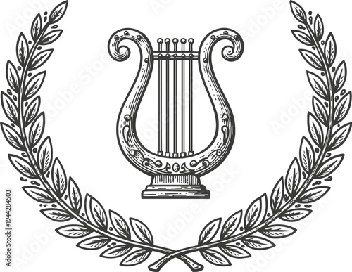 Vintage laurel wreath with ancient lyre musical instrument classical art symbol illustration