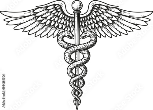 Caduceus symbol with two snakes entwined around a winged staff medical and healthcare emblem illustration