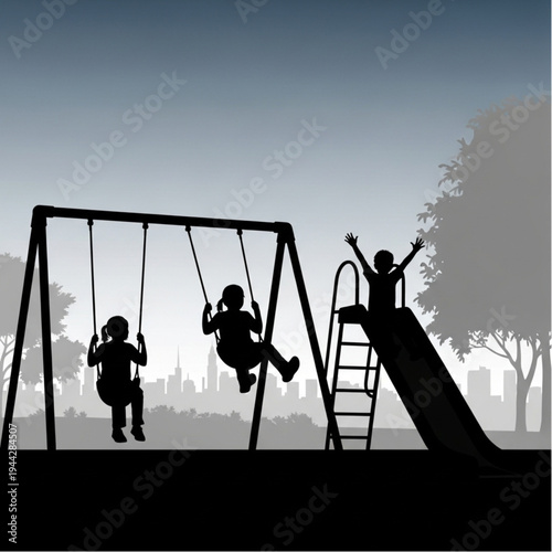 Children Playing on Swing Set Silhouette.