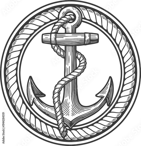 Nautical anchor with rope wrapped around and circular rope frame vintage marine symbol illustration