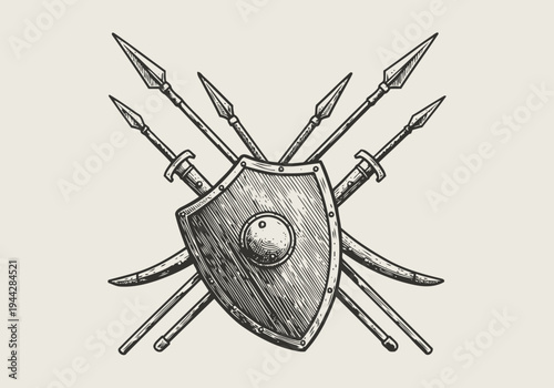 Medieval shield with crossed spears and swords vintage illustration of ancient weapons