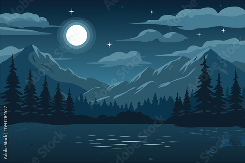 Moonlit Mountain Lake with Pine Forest and Stars Night Landscape Vector Illustration