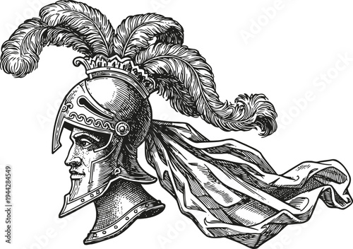 ancient roman soldier helmet with plume and flowing cloth, detailed vintage engraving design
